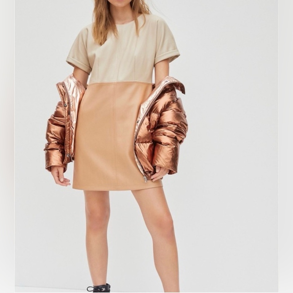 Avec Les Filles Andrea Faux Leather Tan & Taupe Dress L - Picture 3 of 9